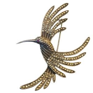 Vintage Sterling Marcasite Art Deco Humming Bird in Flight Ruby Eye Brooch